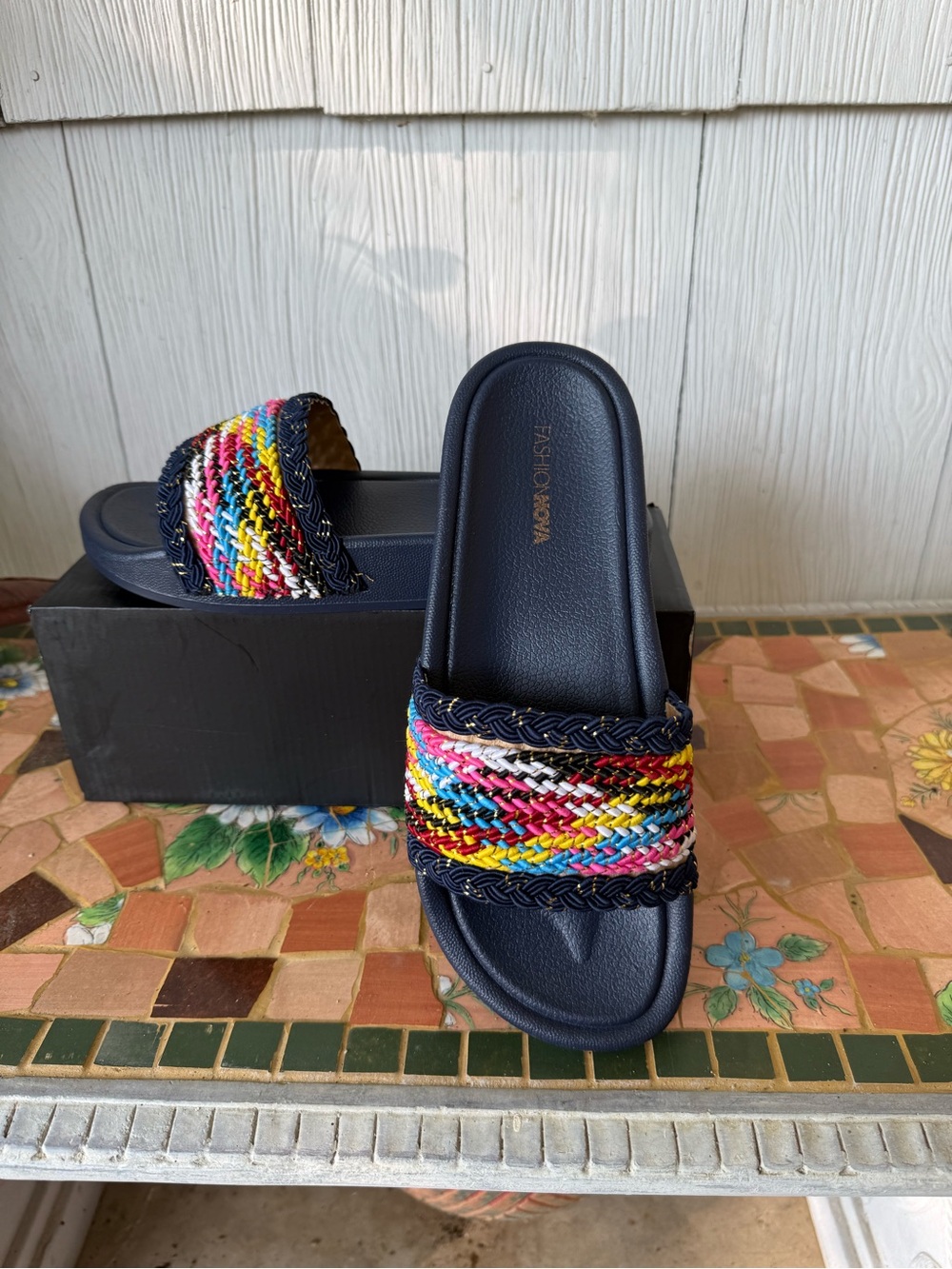 Fashion Nova Navy Slide Sandals with Multicolor Braided Strap